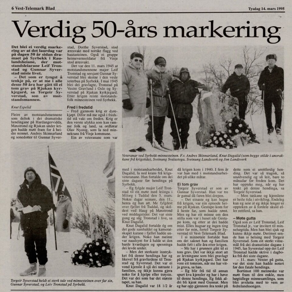 VTB skreiv om 50-årsmarkeringa på Syrbekk i 1995.