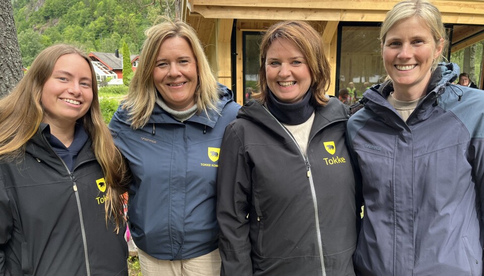 Amalie Ørbak (f.v.), Hilde Kabbe Berdalen, Aasa Midtgarden Hagen og Lise Fles jobbar saman i Dalen barnehage. Dei er veldig glade for det nye uteområdet barnehagen har fått.
