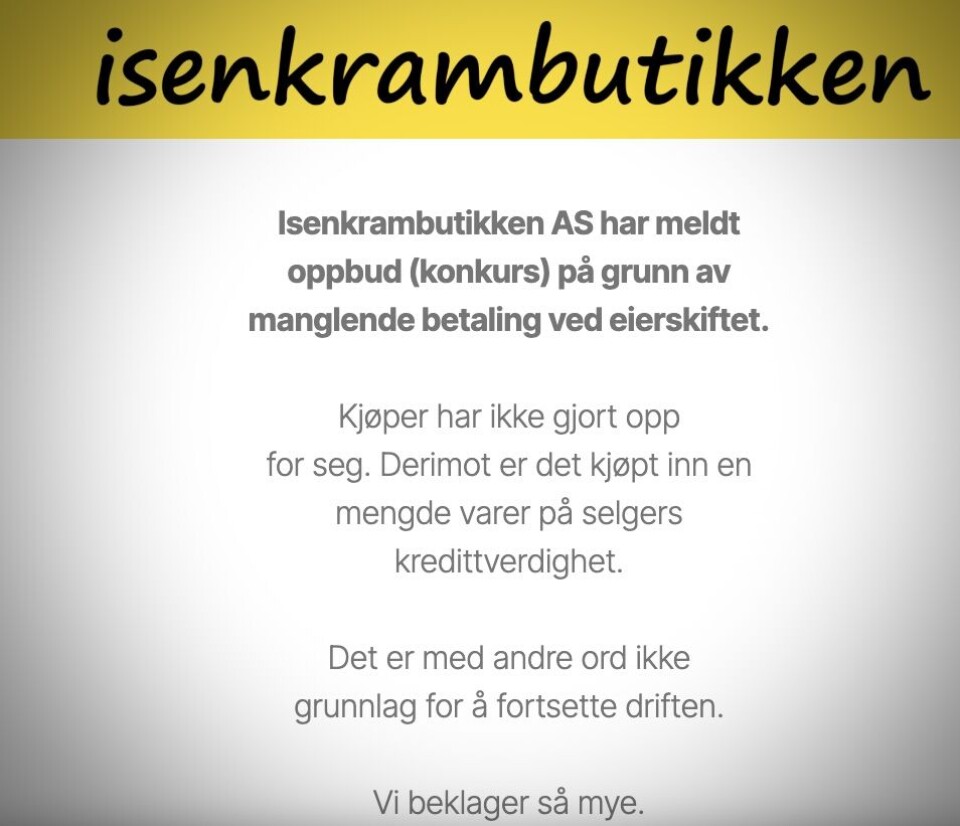 Klar beskjed: Går ein inn på nettsida til Isenkrambutikken får ein berre opp denne meldinga.