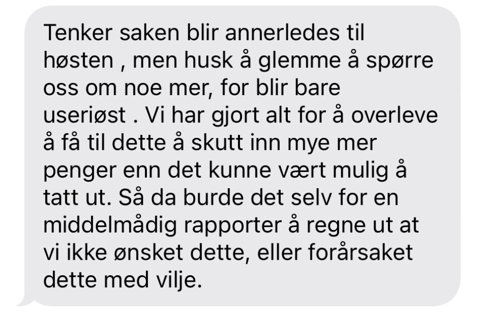 Skjermdump av sms frå Roa til VTB.