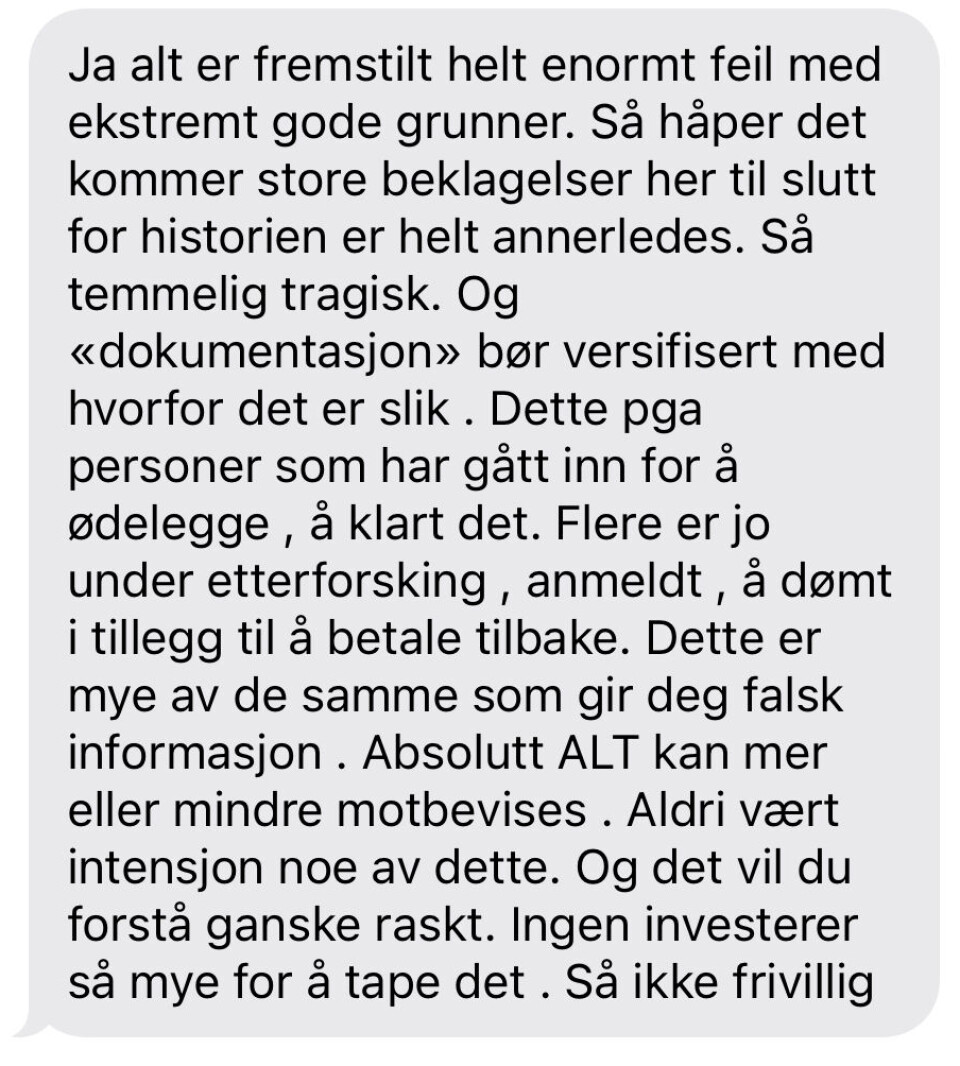 Skjermdump av sms frå Morewood til VTB.