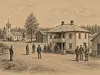 Historisk teikning av folk på ein open plass mellom gamle bygningar.