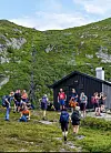 Turgåarar står og går ved ei fjellhytte i eit grønt fjellområde.