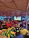 Publikum ser fotball på storskjerm i ein pub med norske flagg.