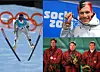 Biletmontasje med ein alpin skikar, ein jublande utøvar og tre medaljevinnarar.