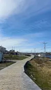 Treplankesti som går gjennom grasmark mot hus og hav under blå himmel.
