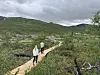 To personar går på ein tresti i eit grønt naturområde.