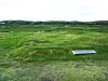 Grønt åkerlandskap med ei låg bygning med grønt tak.