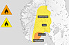 Kart med oransje skogbrannvarsel i delar av Sør-Noreg og varseltrekantar.
