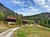Grusveg mot eit fjelltun med raude trehus, beitemark, skog og blå himmel.