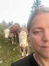 Kvinne nær kamera med fleire storfe på grasmarka bak seg.