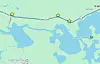 Kartutsnitt med tre gule stjerner langs ein blå rute mellom innsjøar og vegar.